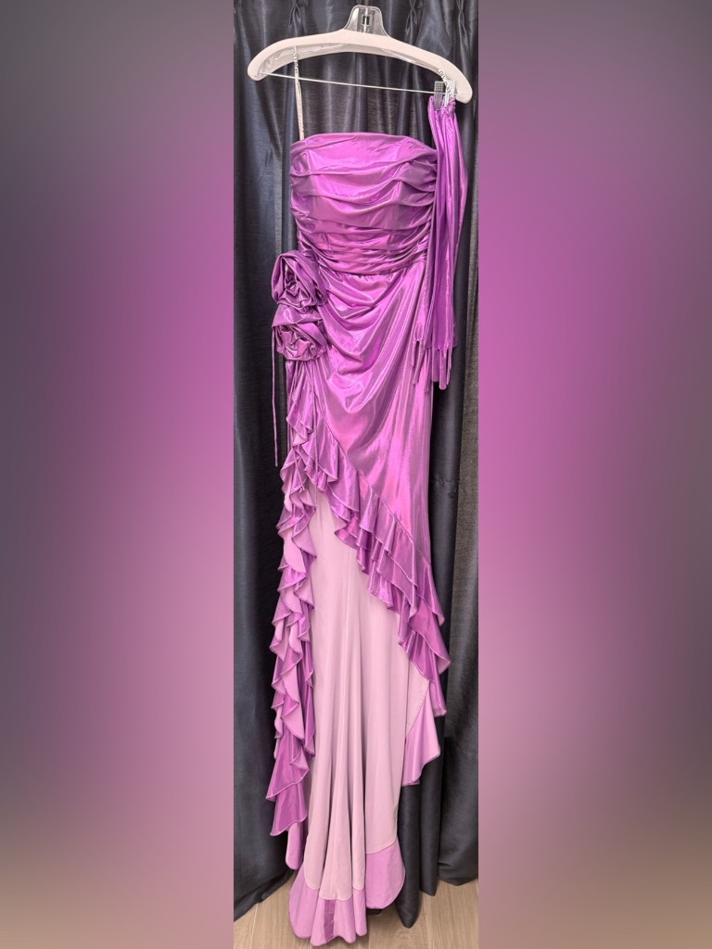 Portia and Scarlett Fuchsia Strapless High-Low Ruffle Gown